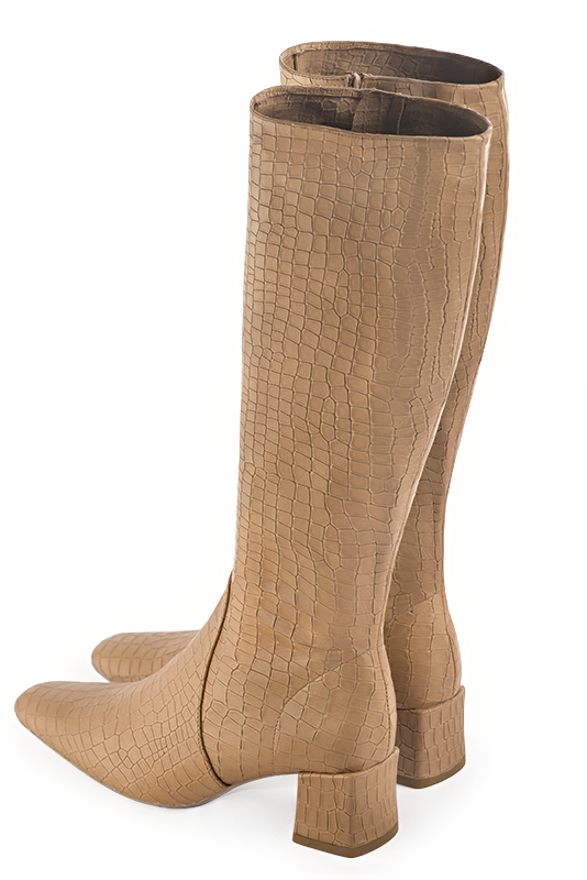 Camel beige women's feminine knee-high boots. Square toe. Medium block heels. Made to measure. Rear view - Florence KOOIJMAN